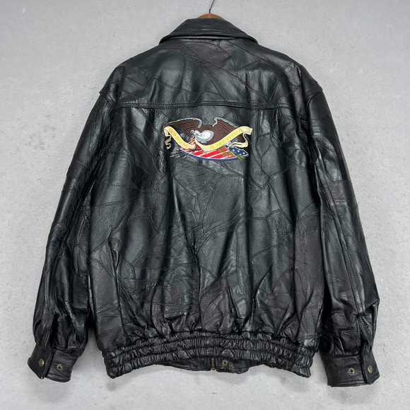 Vintage Mens Black Patchwork Leather Bomber Jacket God Bless America Eagle Large - Picture 3 of 12